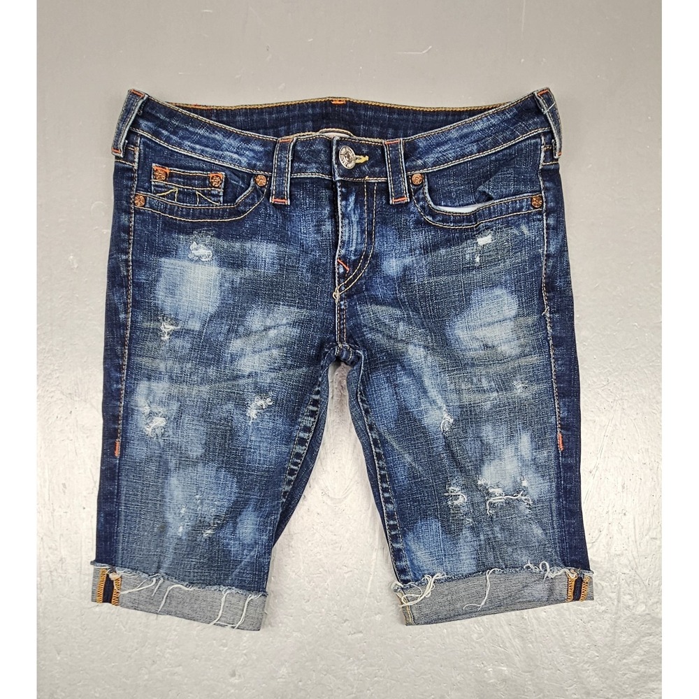 True Religion Cut-Off Bobby Shorts Mens 32 Blue Acid Wash Dark Denim Y2K